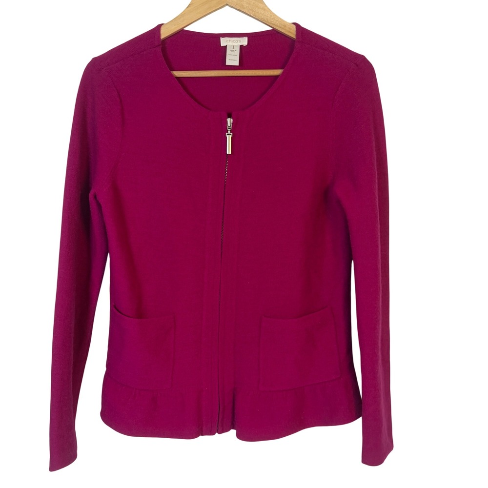 Chicos Cardigan Sweater Womens 1 Pink Wool Zip Front Ruffle Hem Pockets